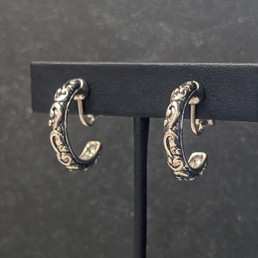 Vintage Clip On Earrings Stylish and Ornate Large Statement Silver Tone Hoops
